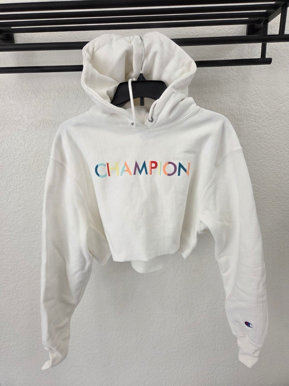 Champion White Hoodie with Rainbow Lettering